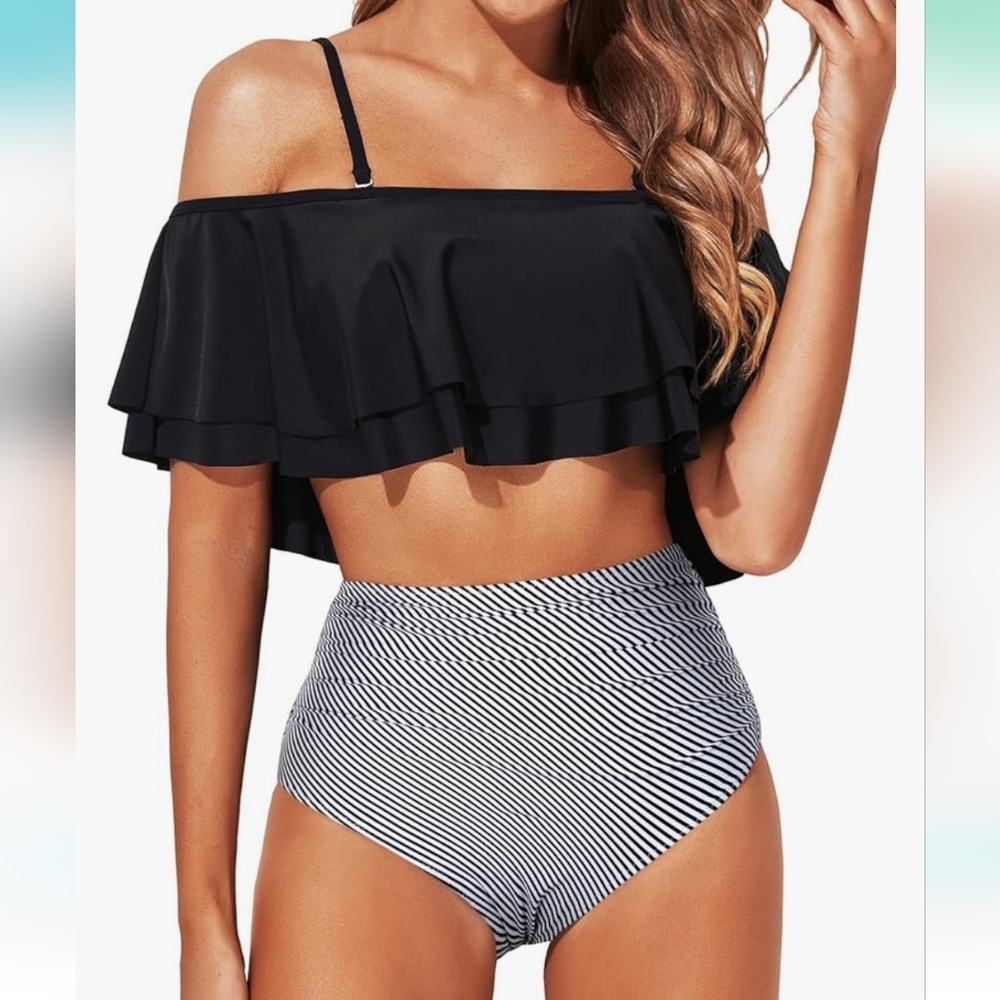 EDEL QUAL PLUS SIZE 2 Piece Ruffle High Waisted Tummy Control Bikini